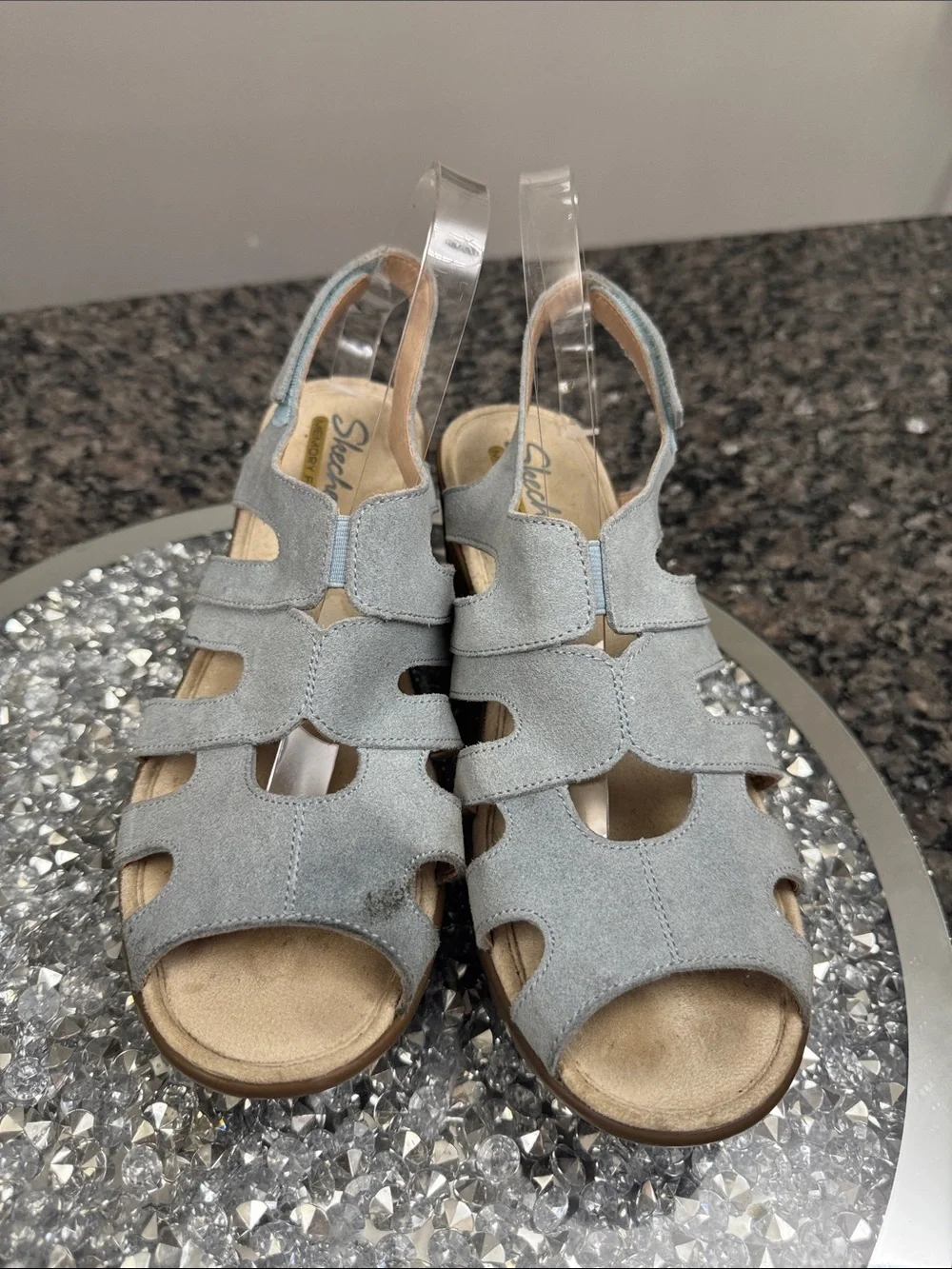 Skechers Light Gray blue Suede Wedge Sandal with Tan Platform 9